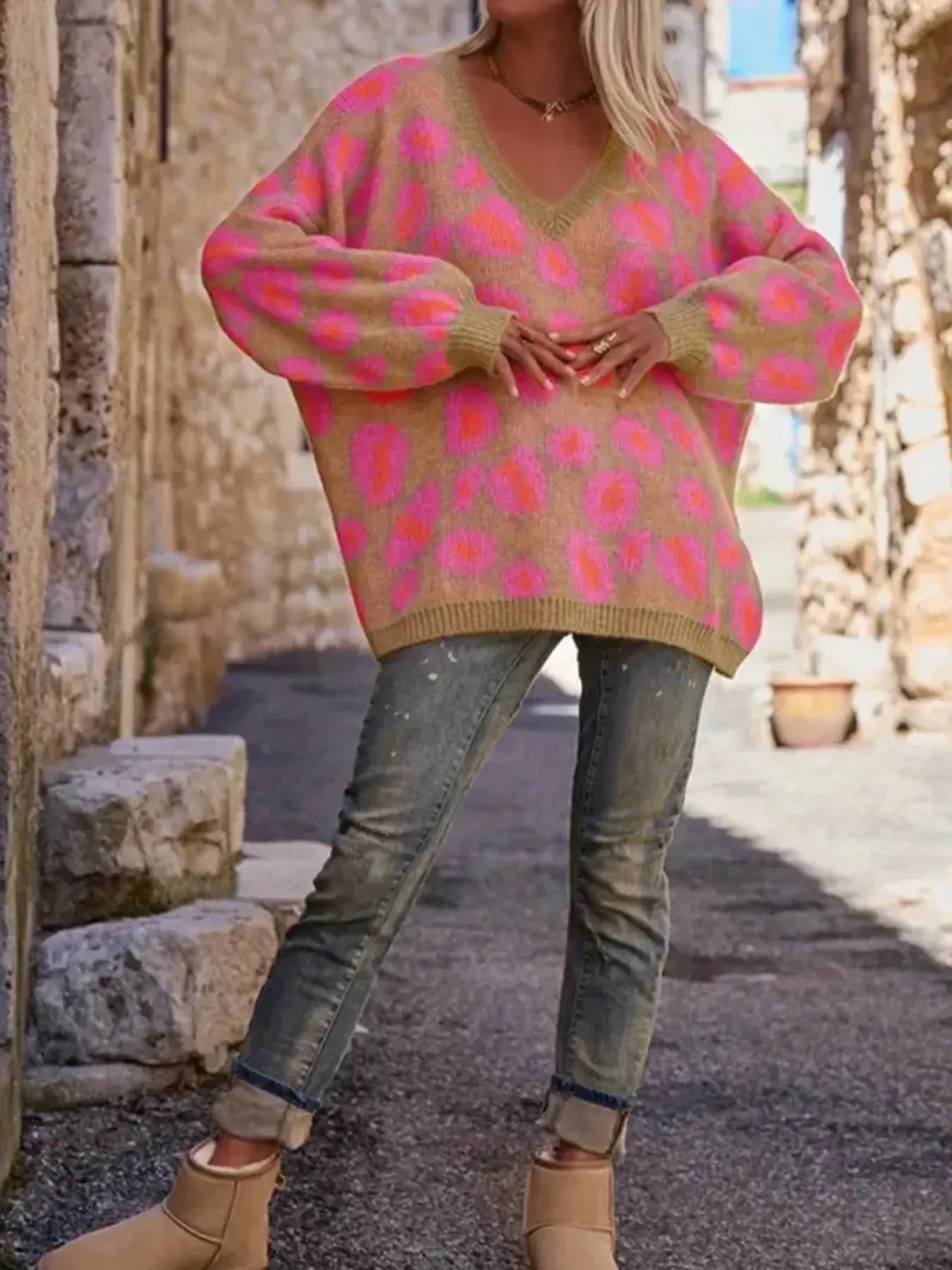 Leopard Oversized V-Neck Sweater Trendsi