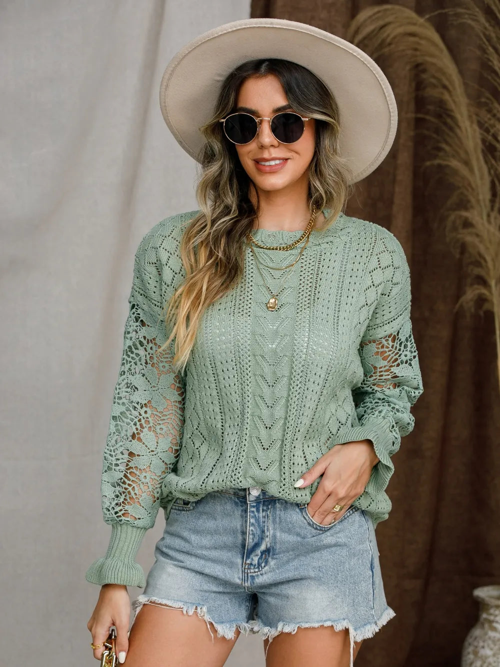 Eyelet Crochet Lantern Sleeve Sweater Trendsi