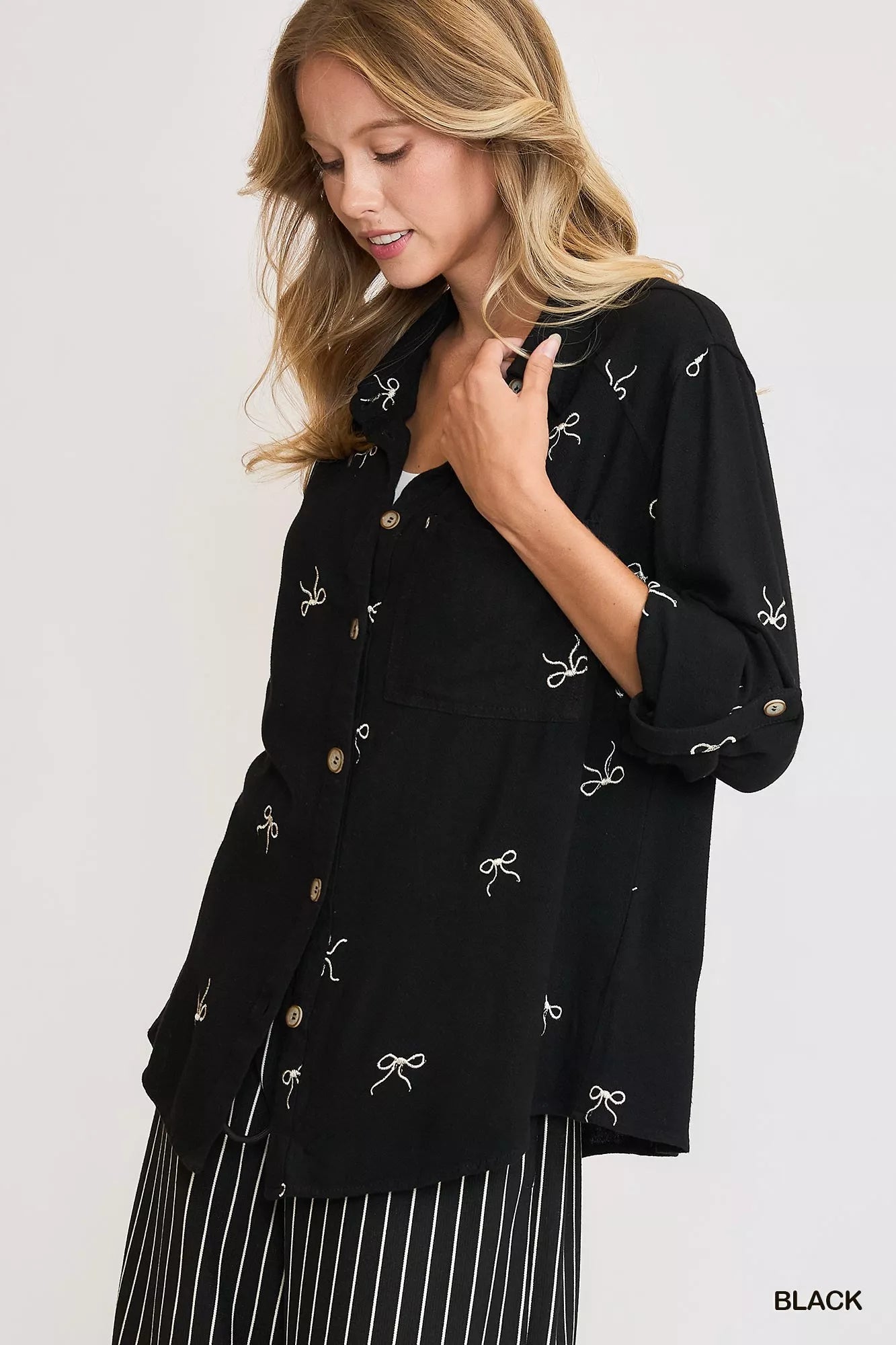 Umgee Linen Blend Fitted Shirt with Ribbon Embroidery Details Trendsi