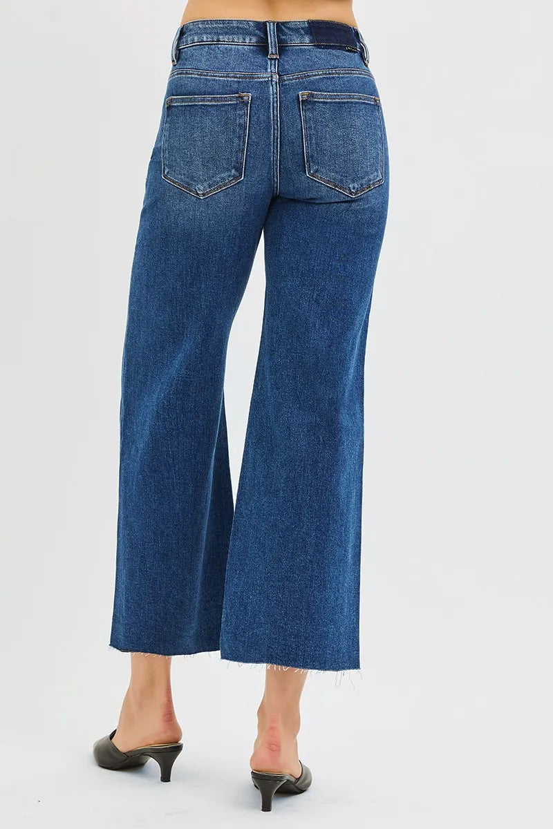 RISEN Full Size Mid Rise Crop Wide Raw Cut Hem Jeans Plus Size Trendsi
