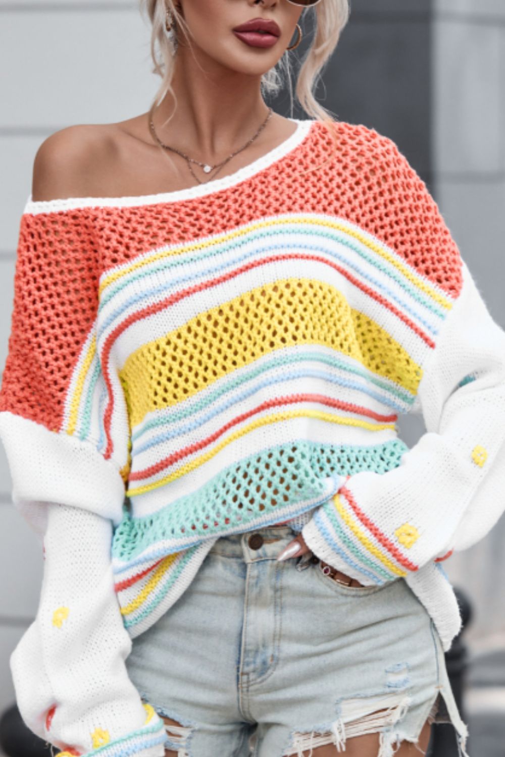 Outfit Flow - Hollow Striped Color Block Round Neck Sweater