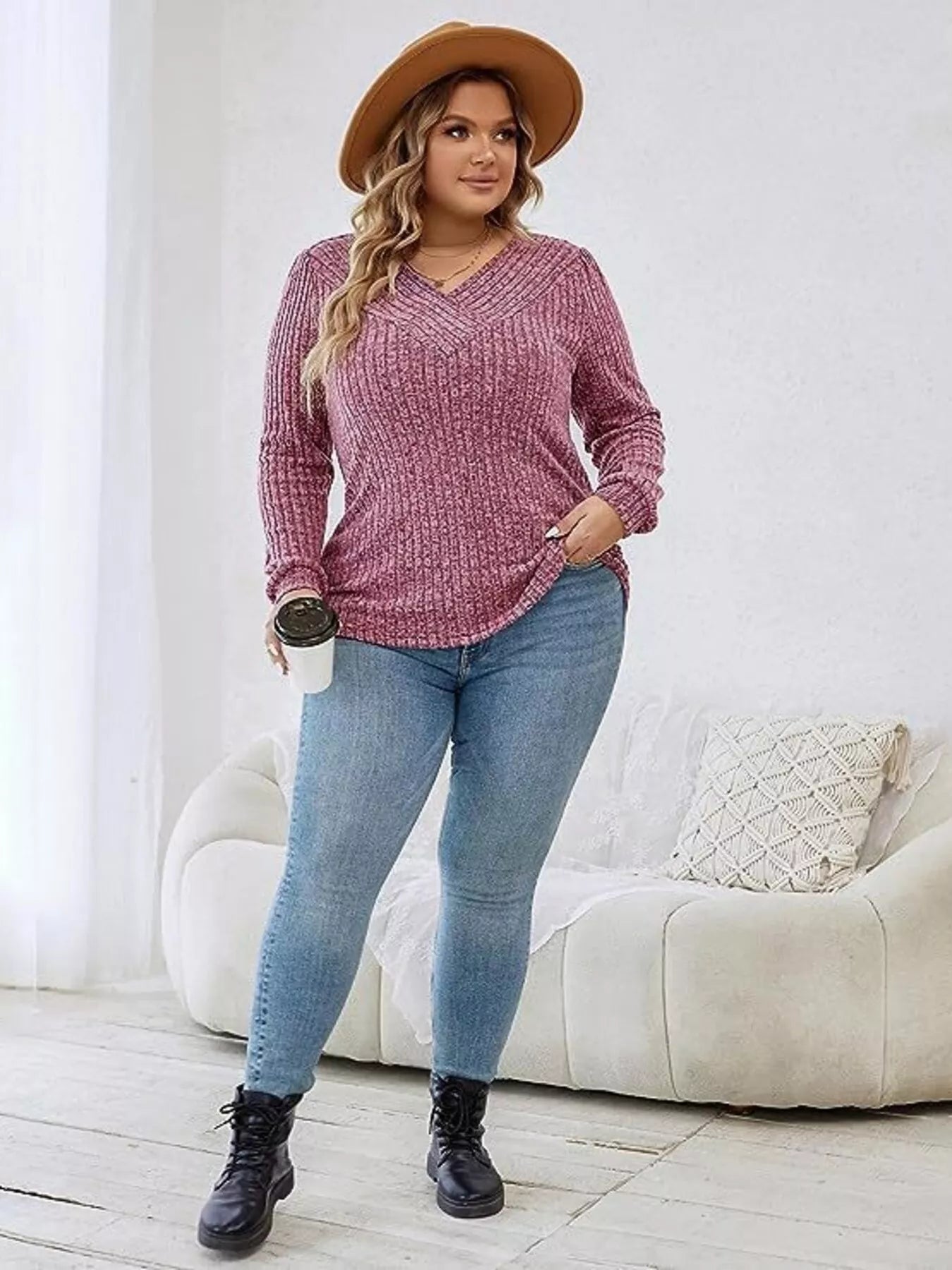 V-Neck Ribbed Long Sleeve Knit Top OutfitFlow