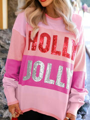 Sequined HOLLY JOLLY Color Block Crew Neck Sweater OutfitFlow