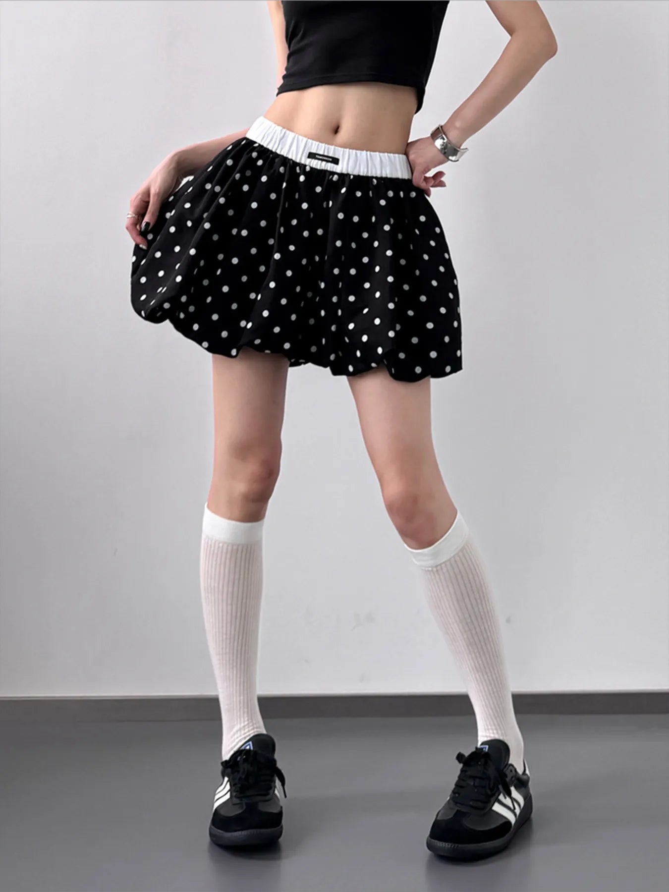 Polka Dot Bubble Shorts with Elastic Waistband OutfitFlow