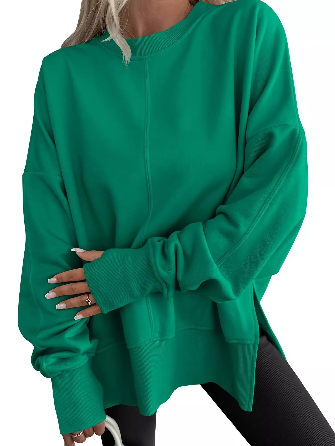 Side Slit Round Neck Long Sleeve Sweatshirt Green OutfitFlow