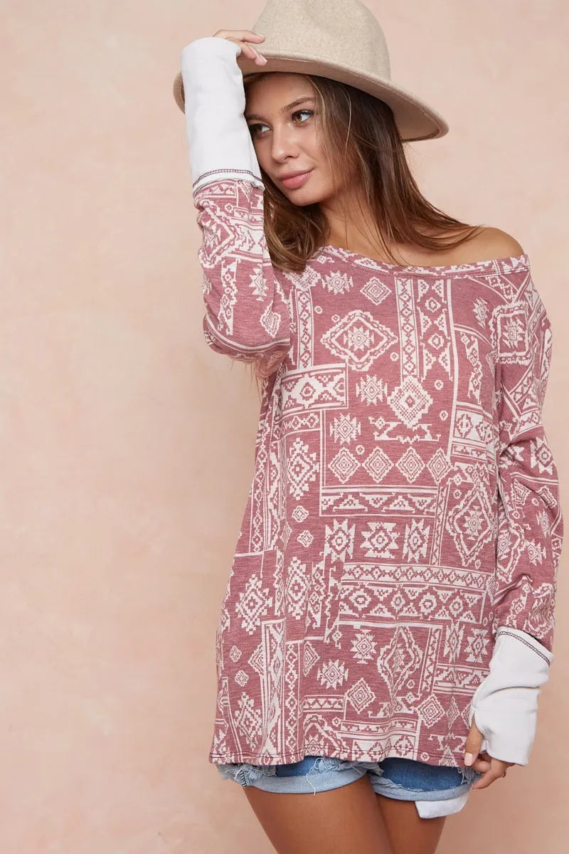 BiBi Aztec Print French Terry Top with Thumb Opening OutfitFlow