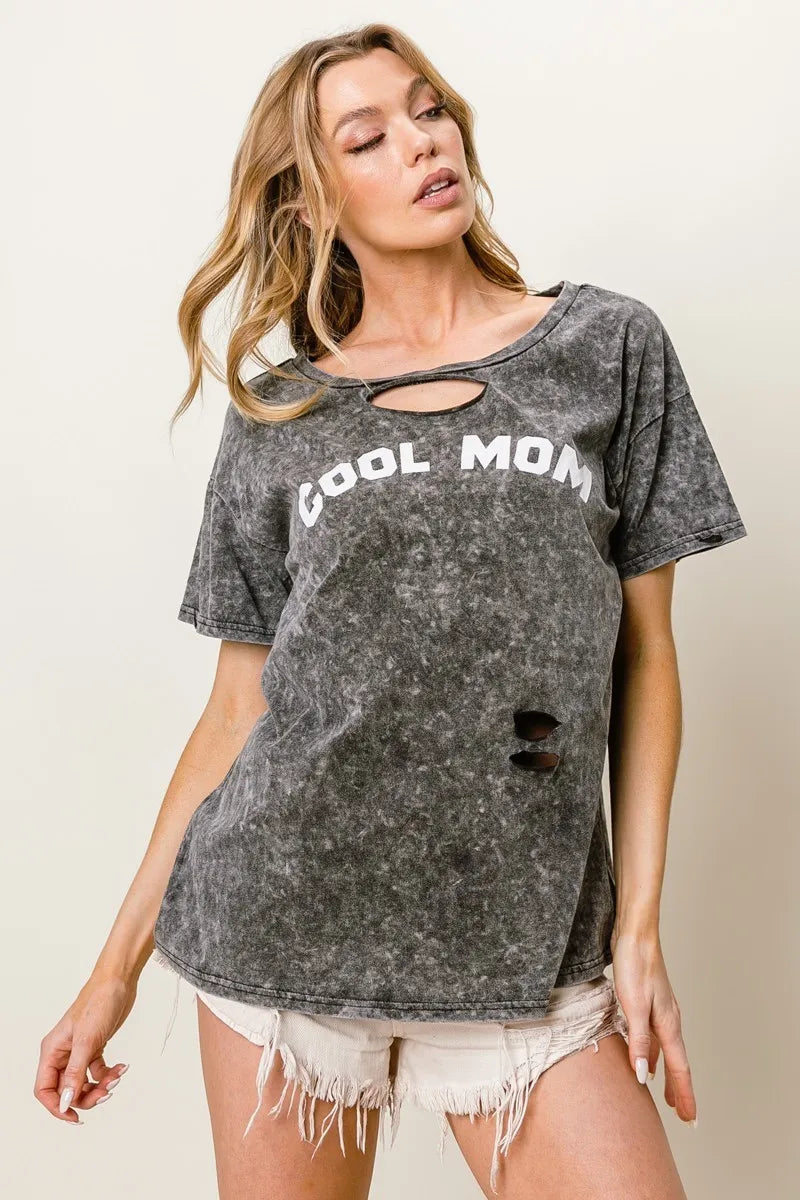 BiBi Washed Laser Cut Detail Cool Mom Print Top OutfitFlow