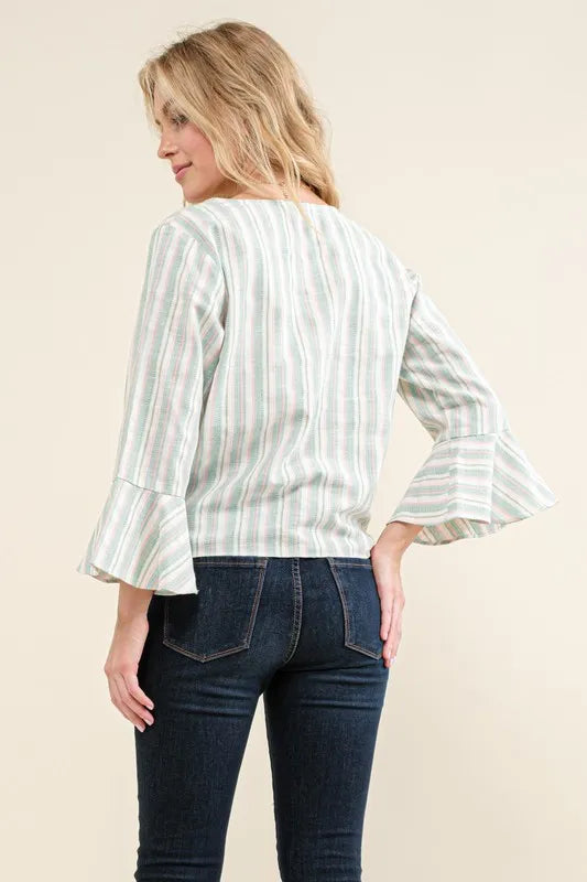 And The Why Stripe Tie Knot Front Bell Sleeve Top OutfitFlow