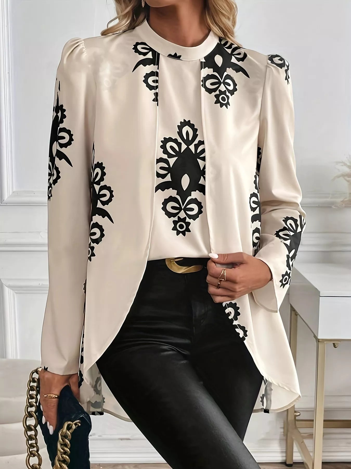 Printed Long Sleeve Blouse Tan OutfitFlow