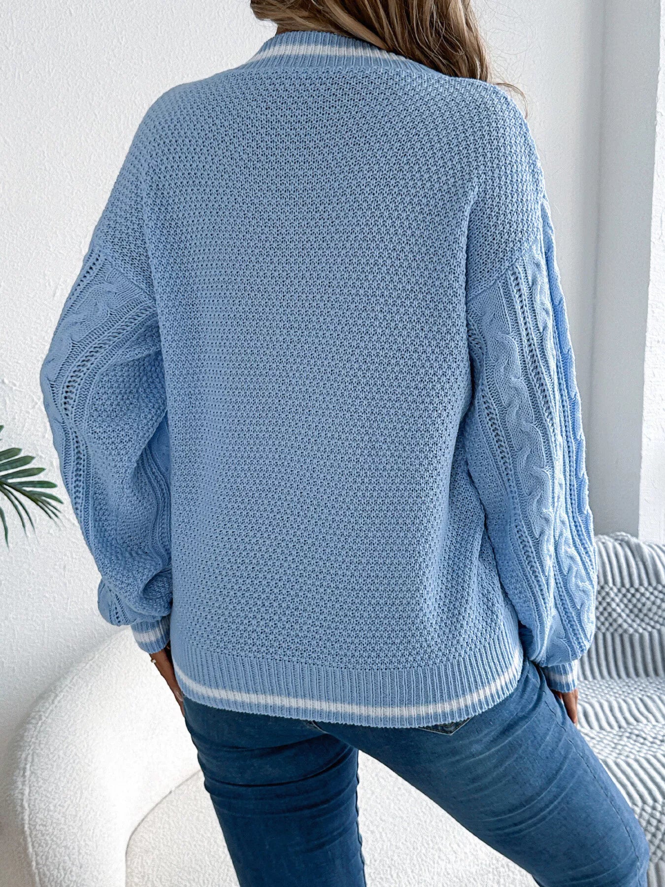 Cable Knit V-Neck Long Sleeve Sweater OutfitFlow