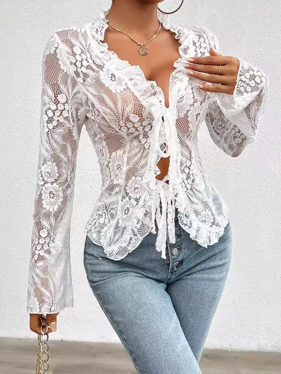 Outfit Flow - Tied V-Neck Long Sleeve Lace Top