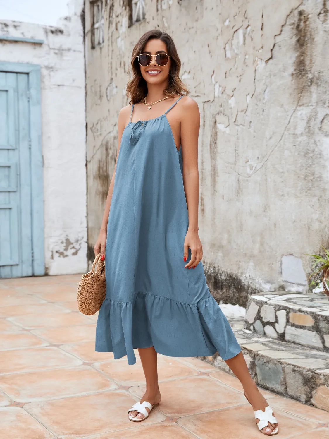 Ruffled Hem Midi Cami Dress Dusty Blue OutfitFlow