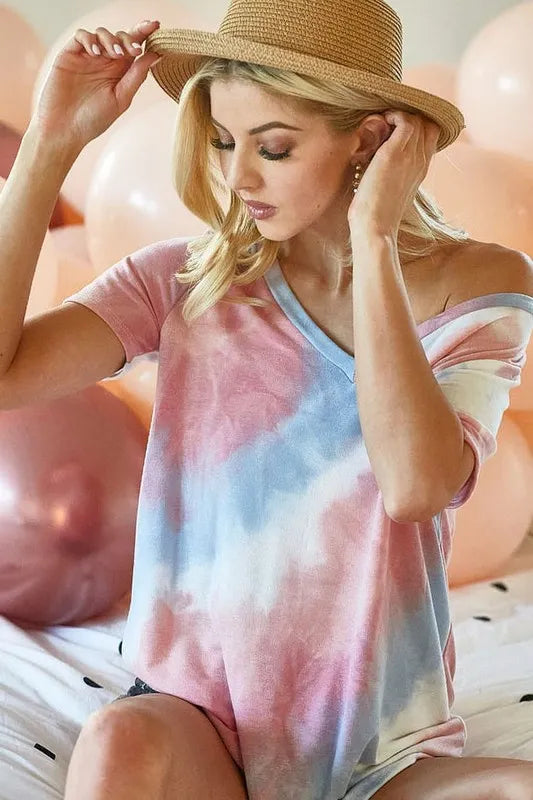 BiBi Tie Dye French Terry V Neck Top OutfitFlow