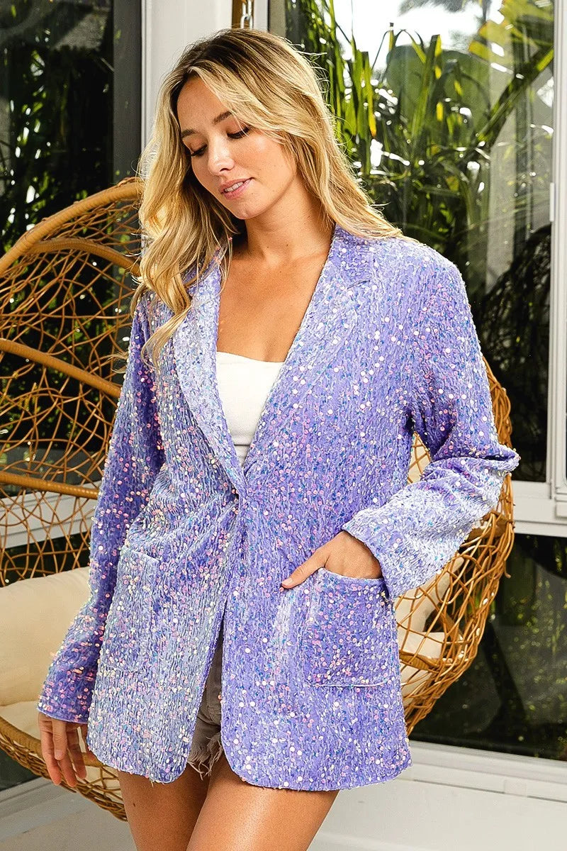 BiBi Velvet Sequins Patch Pockets Single Blazer LILAC OutfitFlow