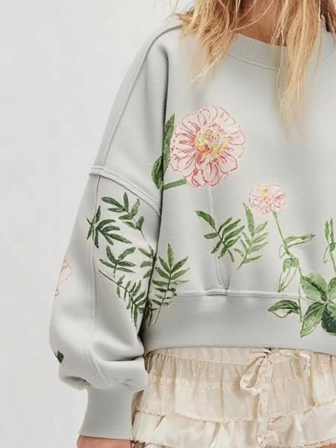 Printed Round Neck Dropped Shoulder Sweatshirt OutfitFlow