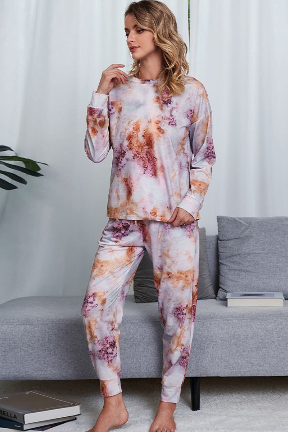 Outfit Flow - Shiny Tie-Dye Crewneck Top and Drawstring Waist Joggers Lounge Set