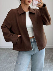 Casual Zip-Up Long Sleeve Jacket Brown Trendsi