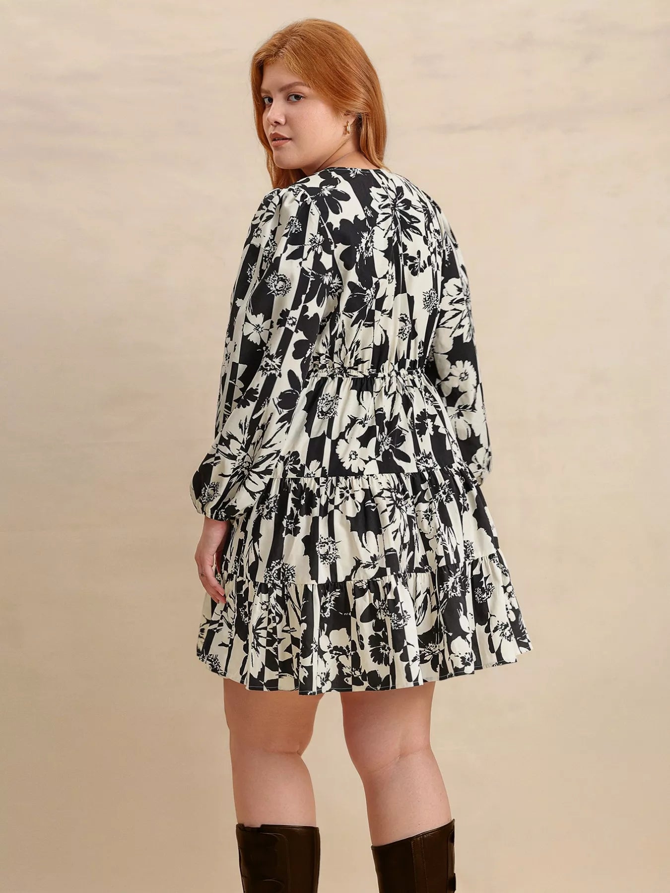 Plus Size Printed V-Neck Long Sleeve Mini Dress OutfitFlow
