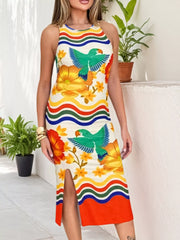 Plus Size Tropical Parrot Print Sleeveless Midi Dress Orange Trendsi