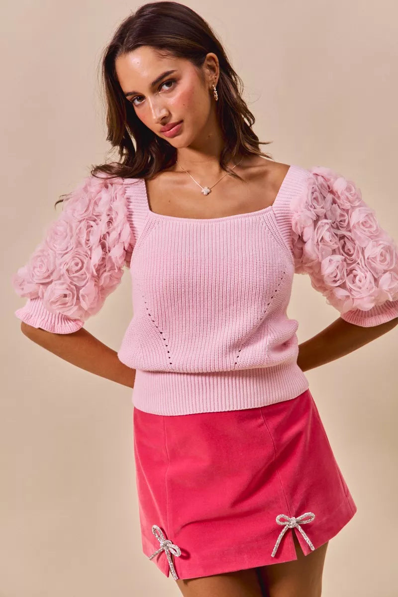 SO ME Rosette Sleeves Square Neck Sweater Knit Top OutfitFlow