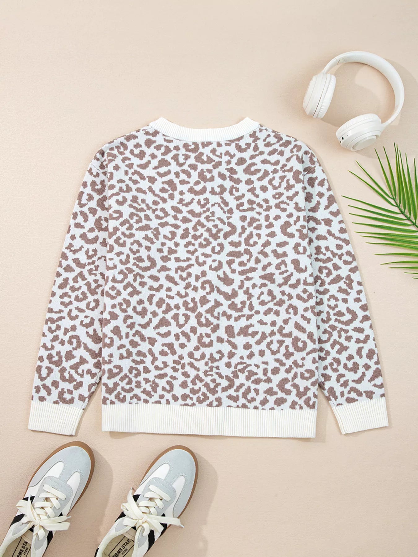 Leopard Drop Shoulder Chunky Knitted Cardigan OutfitFlow