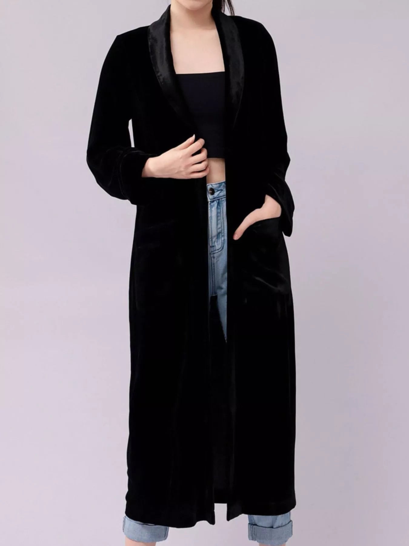 Velvet Lapel Collar Longline Coat Trendsi