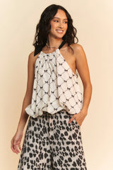 Davi & Dani Ribbon Checker Printed Tie Halter Neck Blouse Top OutfitFlow