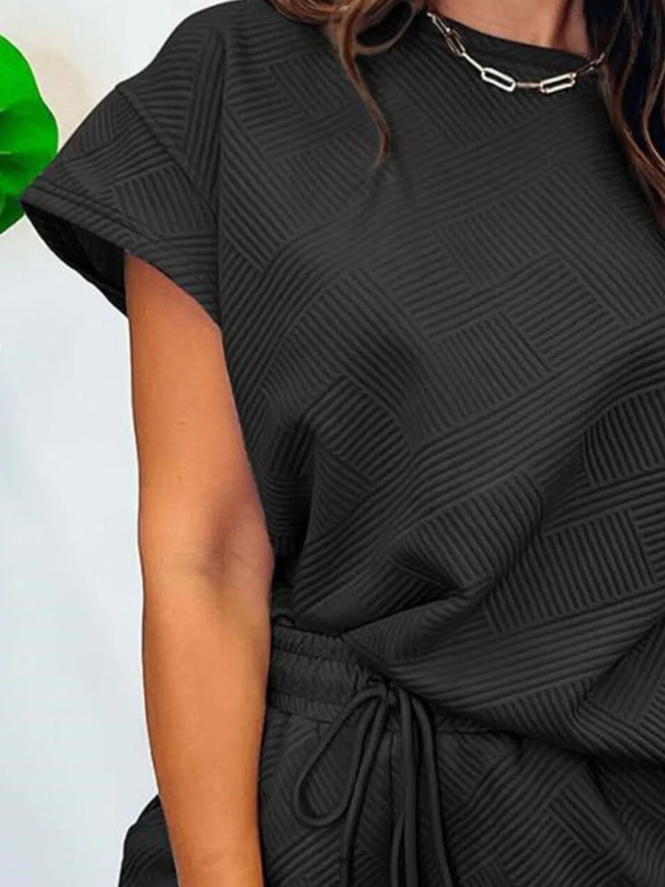 Textured Round Neck Top and Shorts Two-Piece Set OutfitFlow
