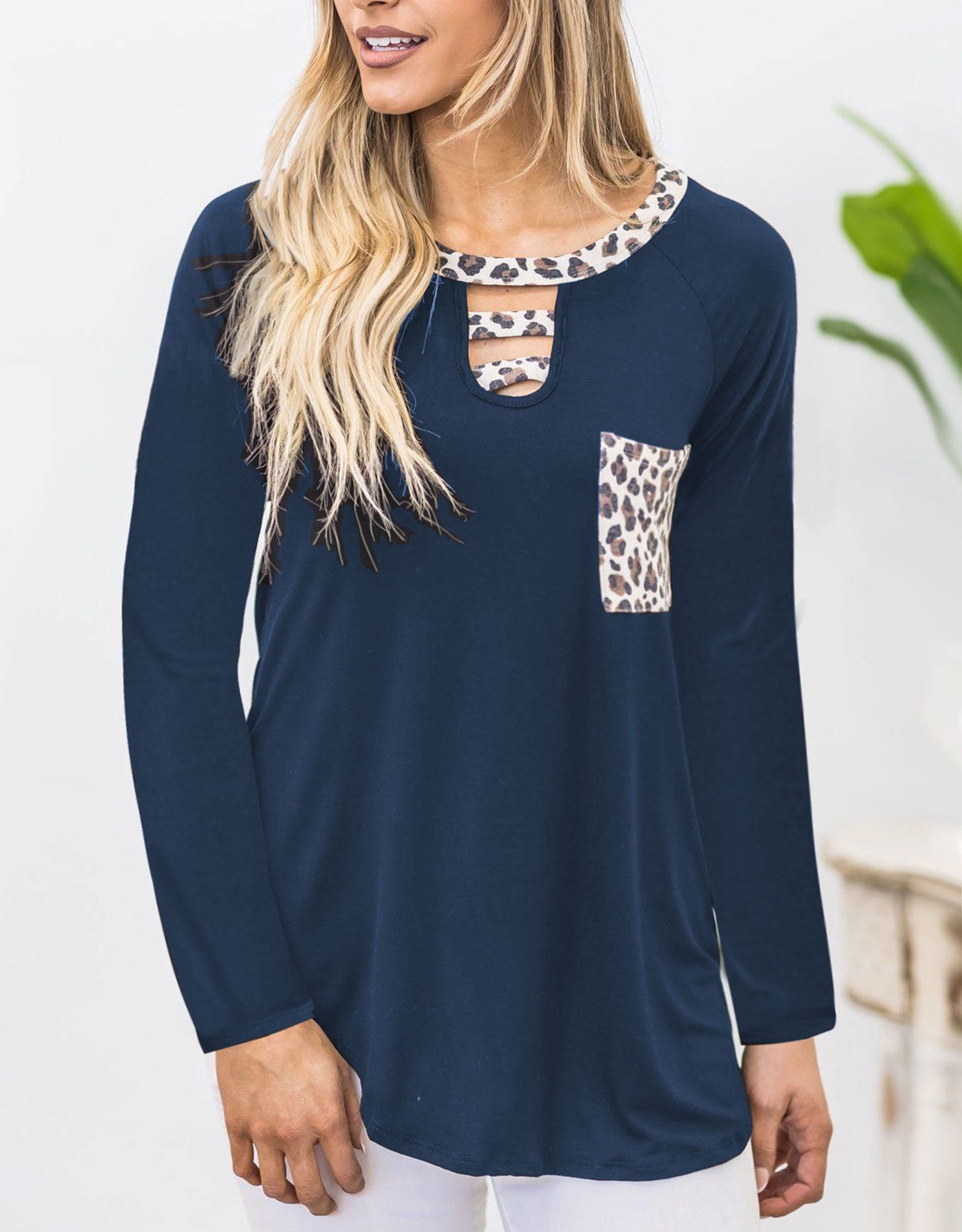 Outfit Flow - Cutout Leopard Round Neck Long Sleeve T-Shirt