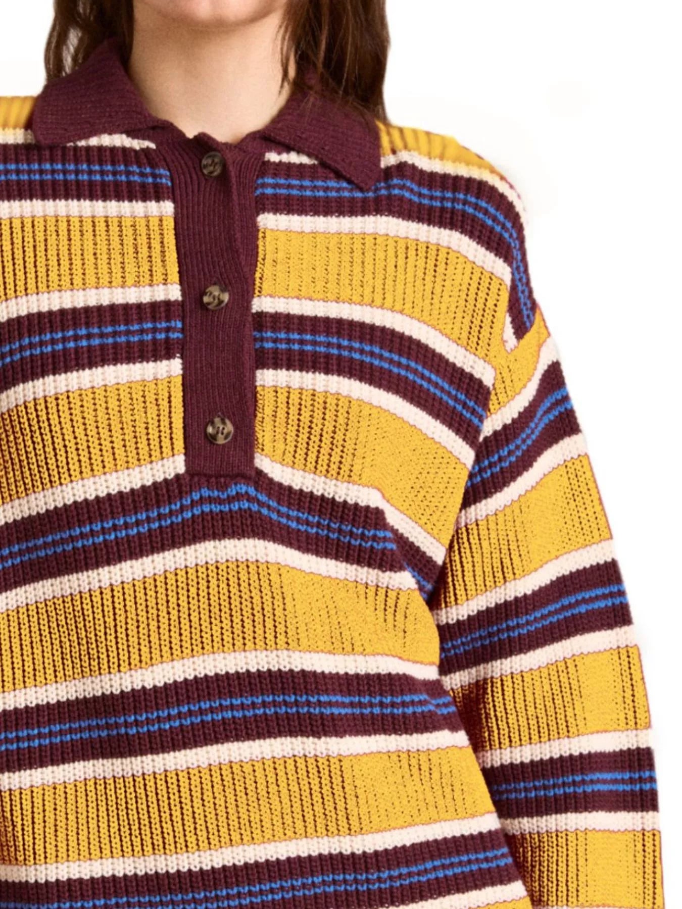 Striped Button Detail Polo Collar Sweater Yellow OutfitFlow