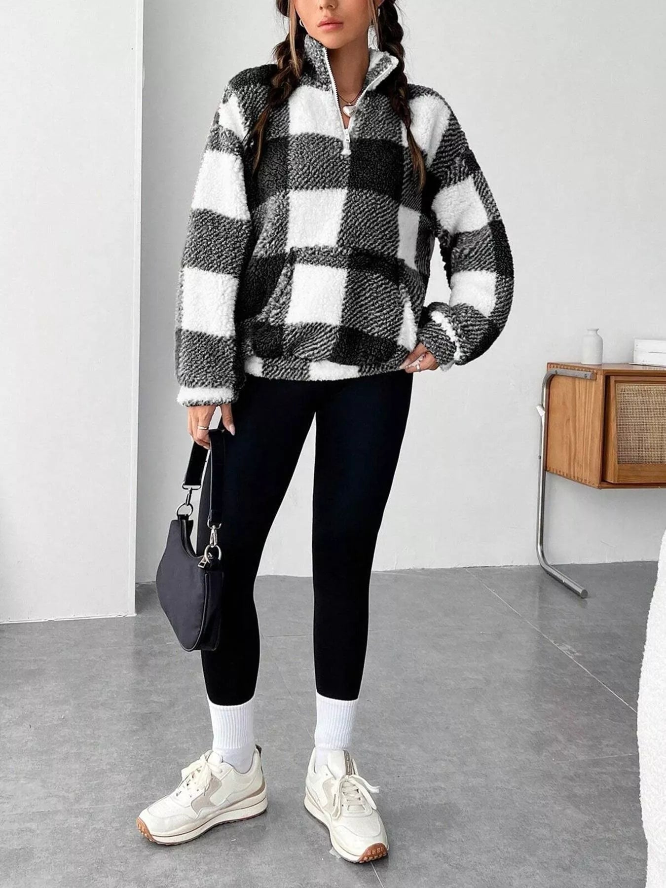 Full Size Plaid Sherpa Long Sleeve Sweatshirt Plus Size OutfitFlow