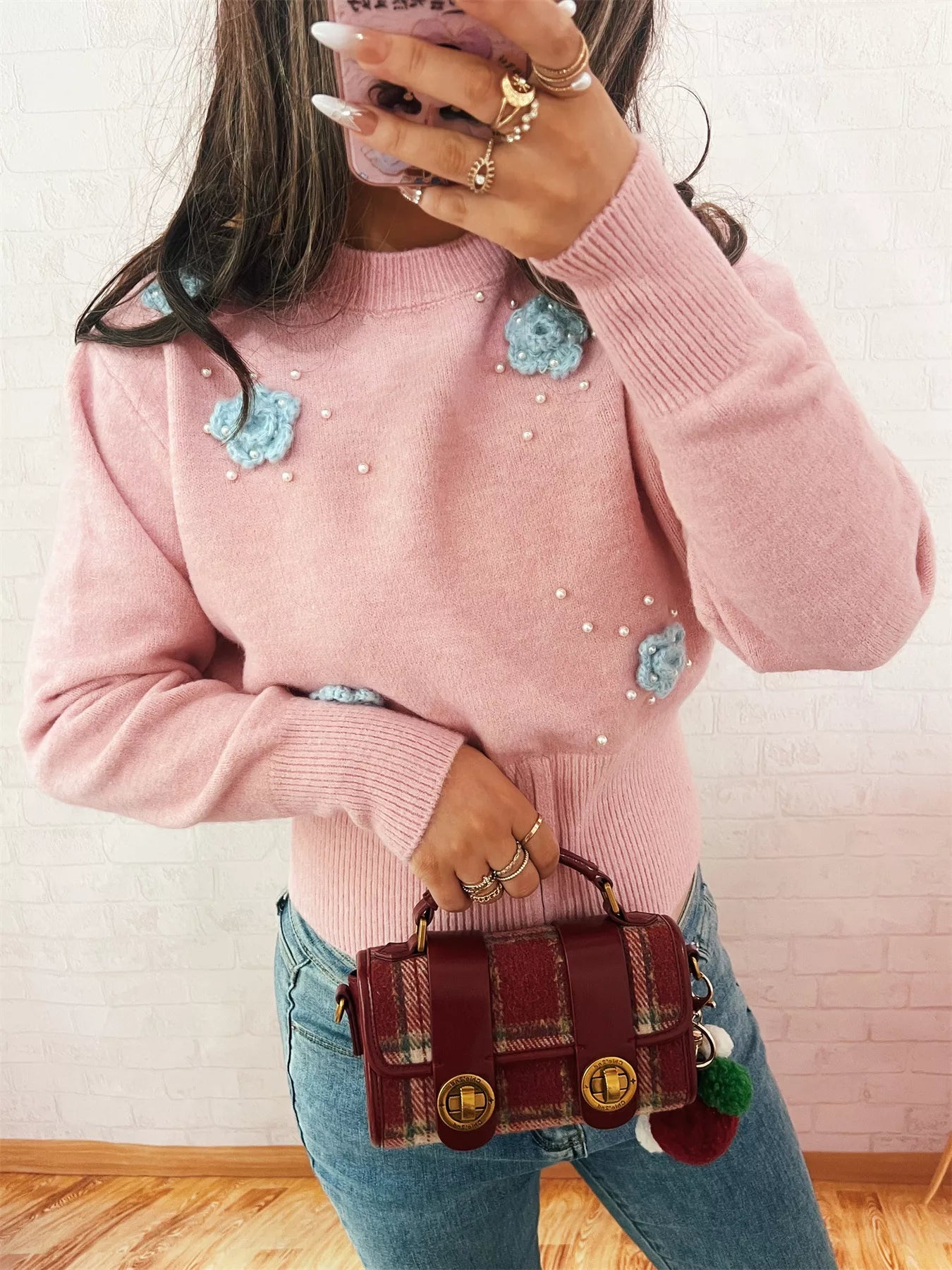 Flower Pearl Detail Ribbed Hem Sweater OutfitFlow