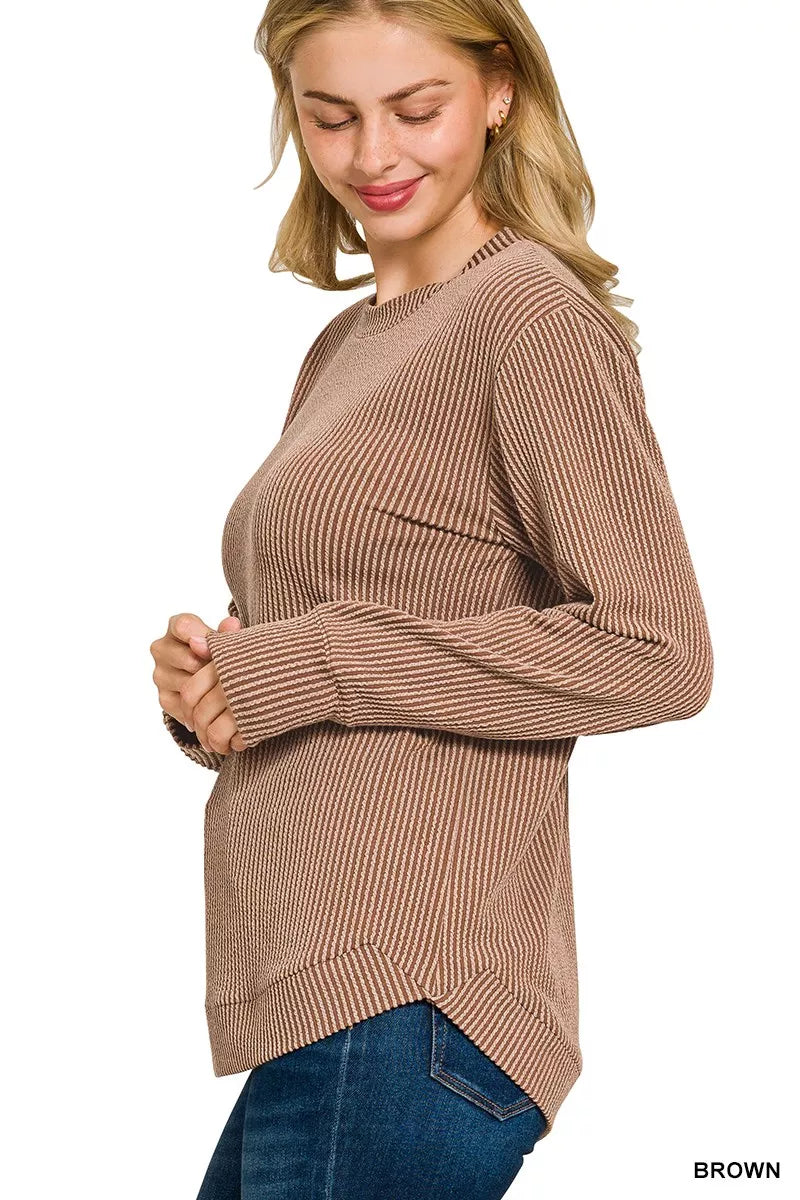 Zenana Full Size Raised Rib Round Neck Long Sleeve Top Plus Size OutfitFlow