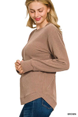 Zenana Full Size Raised Rib Round Neck Long Sleeve Top Plus Size OutfitFlow