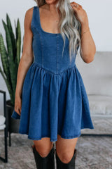 V-Back Bow Tie Denim Skater Dress Navy OutfitFlow