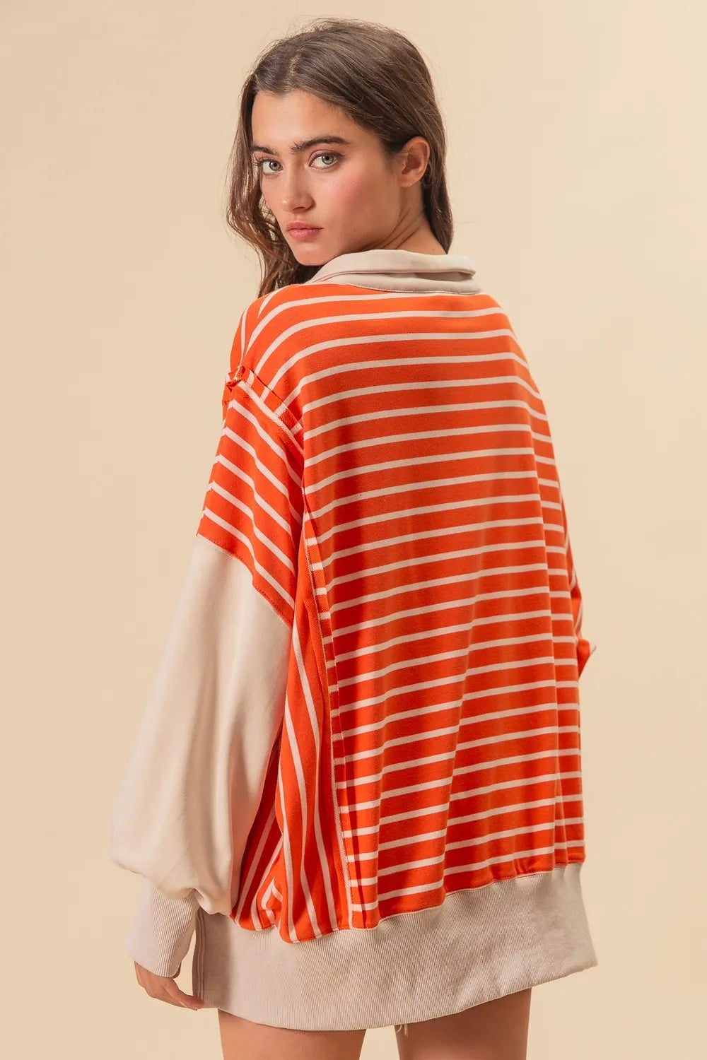 BiBi Stripe Knit Loose Fit Top With Cut Edge Detail OutfitFlow