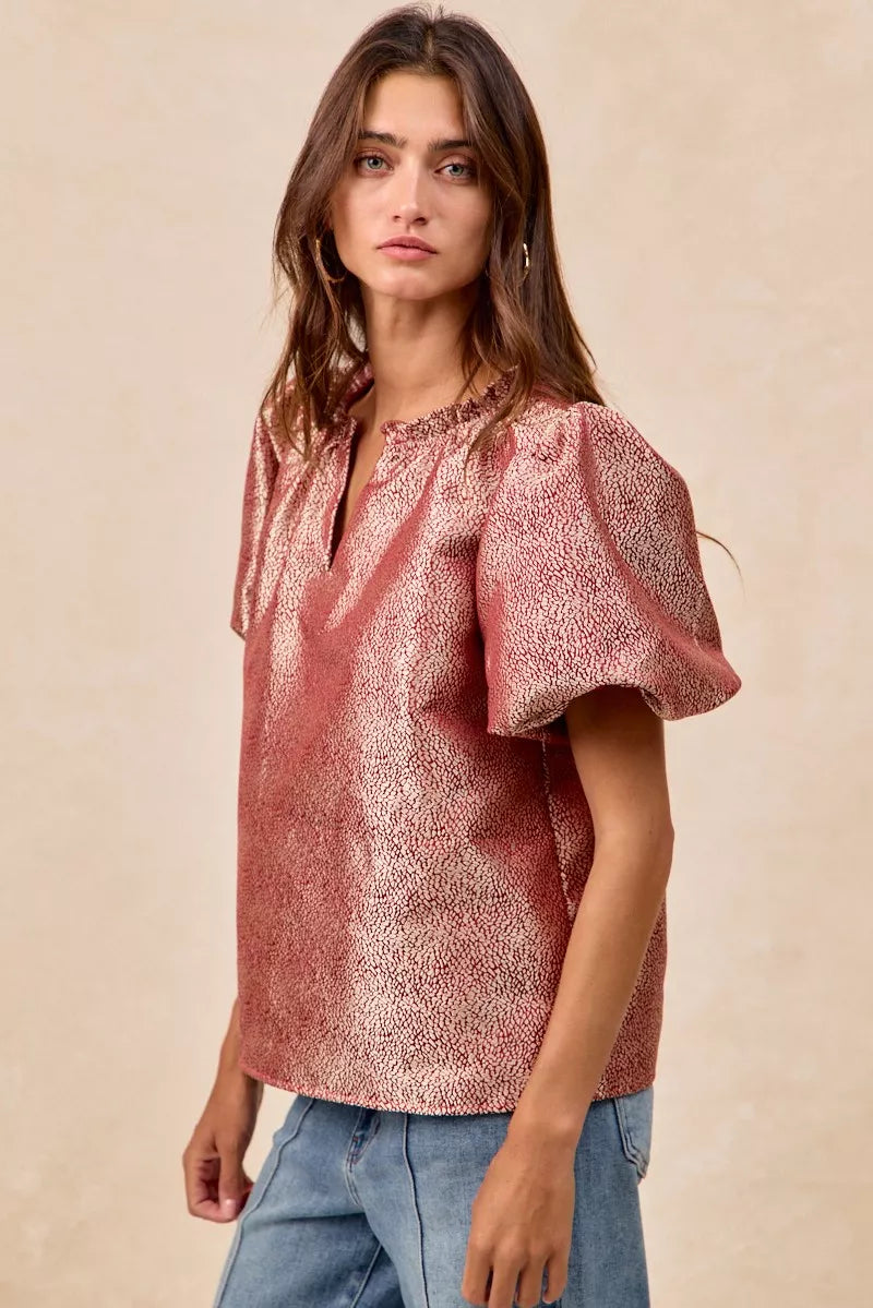 BiBi Jacquard Woven Short Balloon Sleeves V Neck Top OutfitFlow