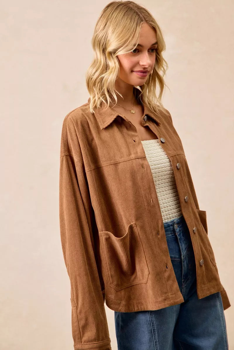 BiBi Corduroy Relaxed Fit Shacket with Back Pleat OutfitFlow