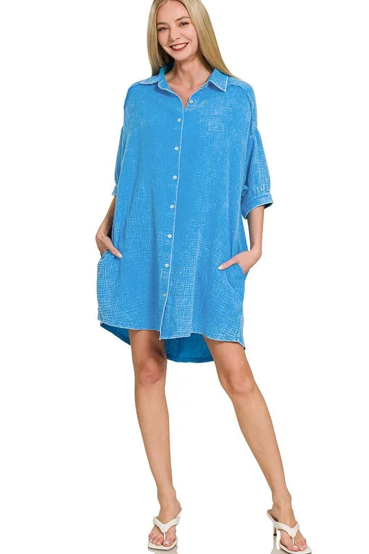 Zenana Washed Double Gauze Button Down Shirt Dress OutfitFlow