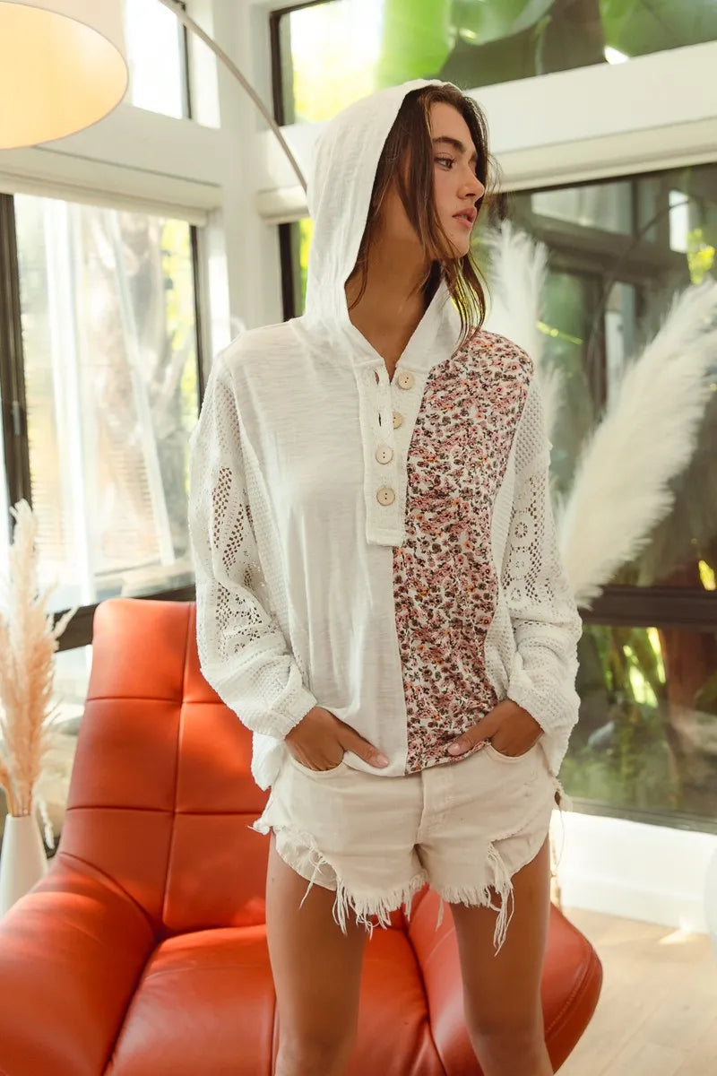 BiBi Slub Jersey with Lace Combo Buttoned Hoodie Top OutfitFlow