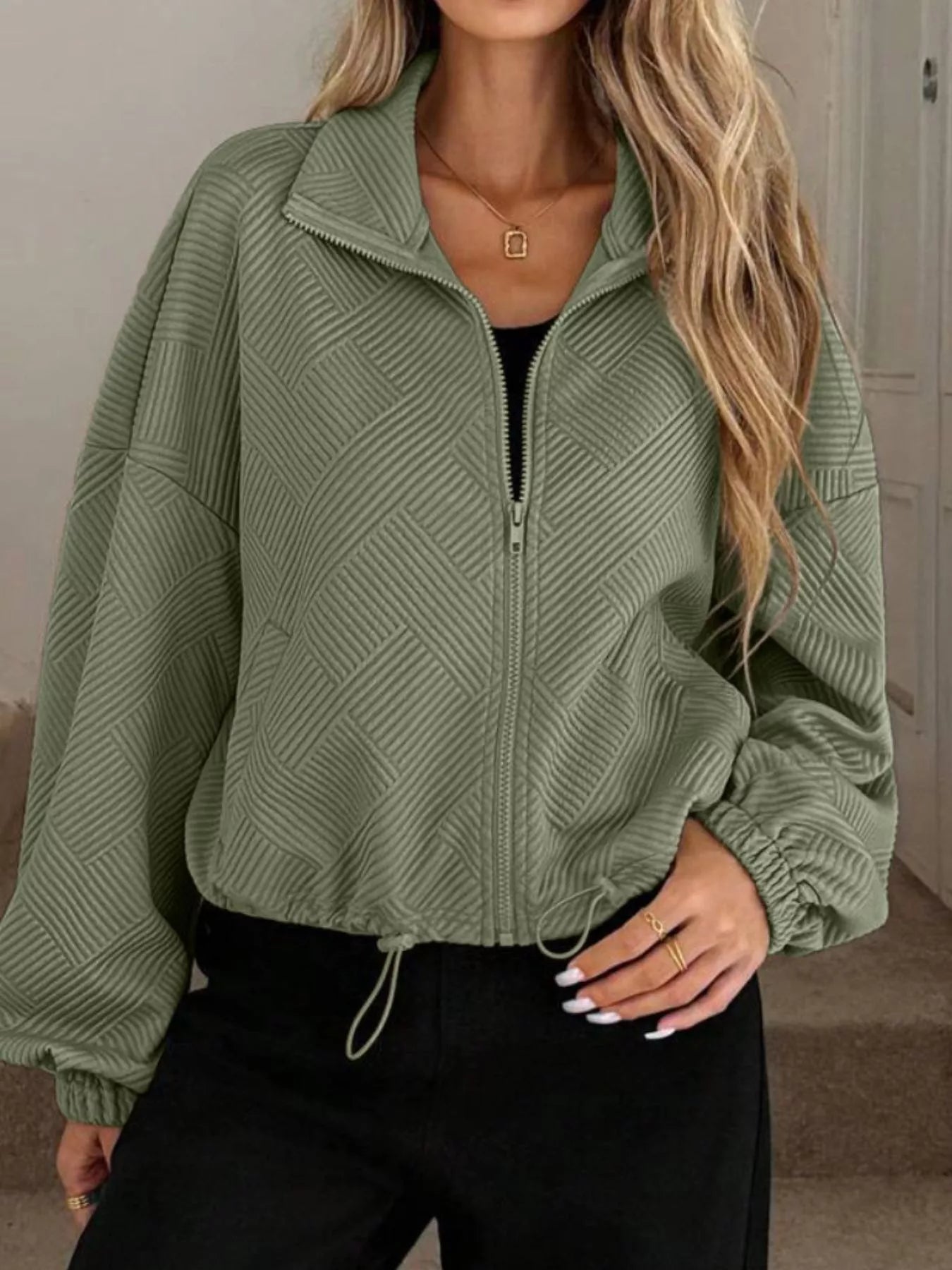 Textured Zip-Up Drawstring Hem Jacket Trendsi