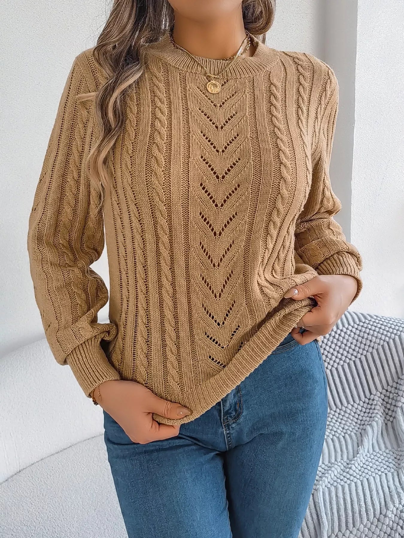 Cable-Knit Round Neck Sweater Khaki OutfitFlow