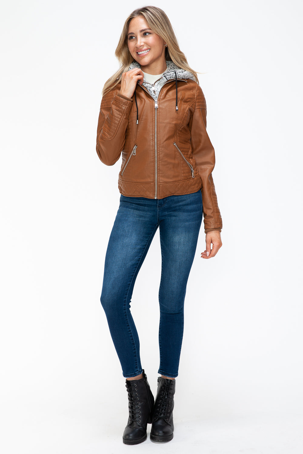 Outfit Flow - YMI Faux Layered Double-Zipper Jacket with Fuzzy Hood