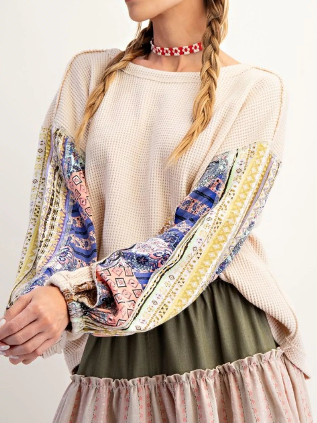 Waffle Knit Round Neck Dropped Shoulder Sweatshirt OutfitFlow