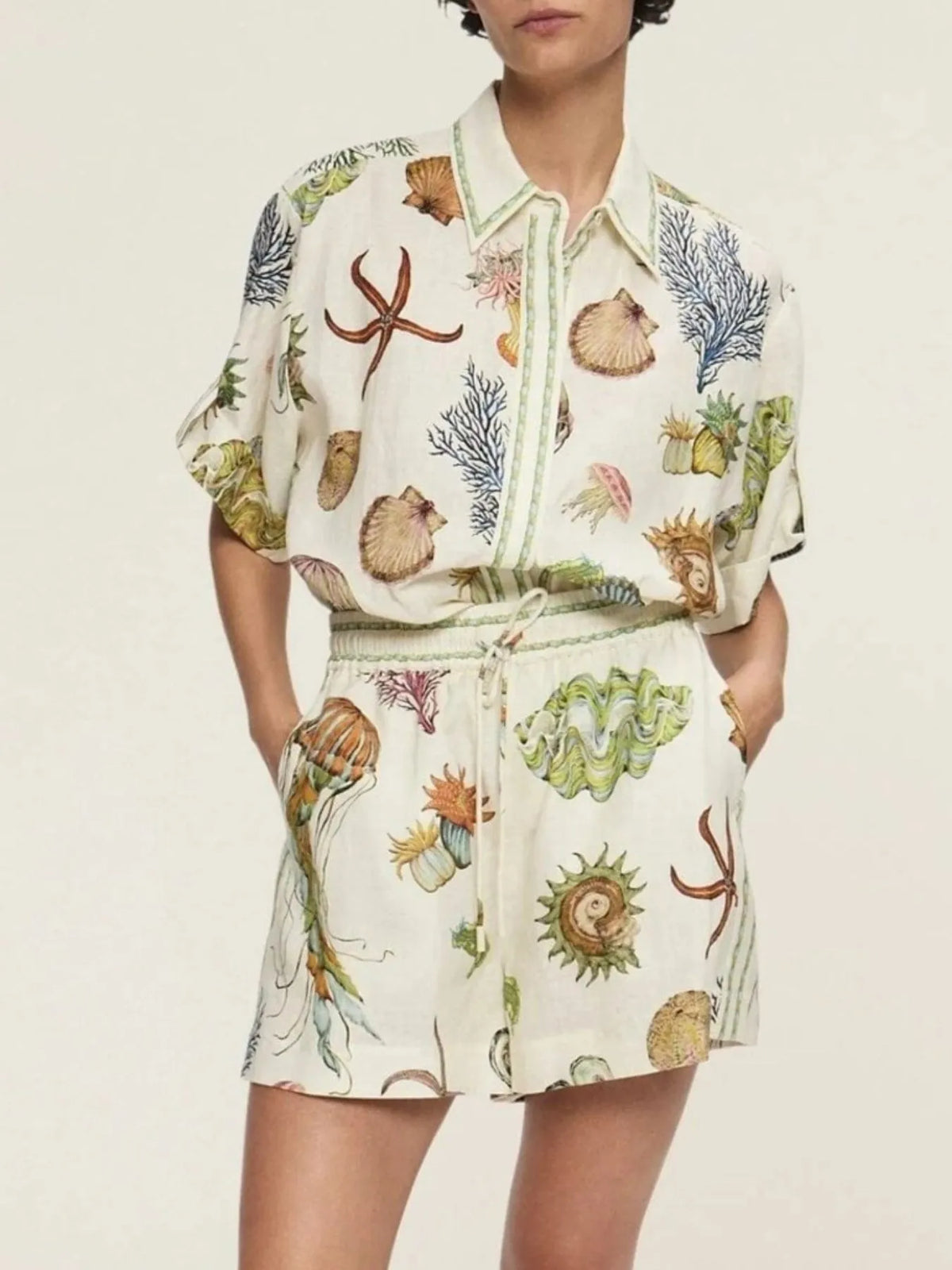 Printed Button Up Shirt and Shorts Set Beige OutfitFlow