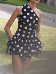 One-Shoulder Polka Dot Mini Dress OutfitFlow