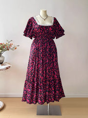 Plus Size Floral Square Neck Short Sleeve Dress OutfitFlow