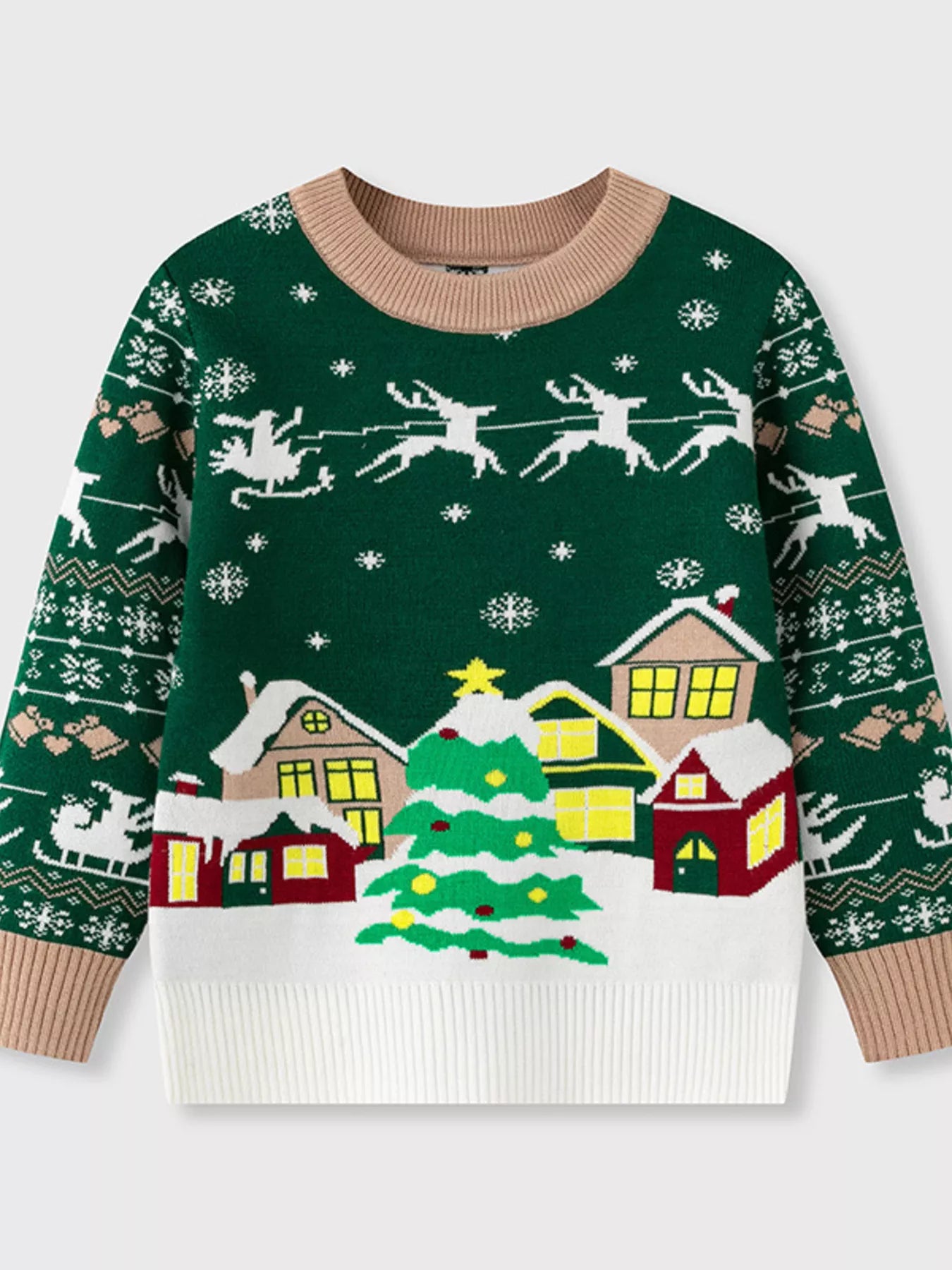 Children's Christmas Tree Round Neck Sweater Army Green OutfitFlow