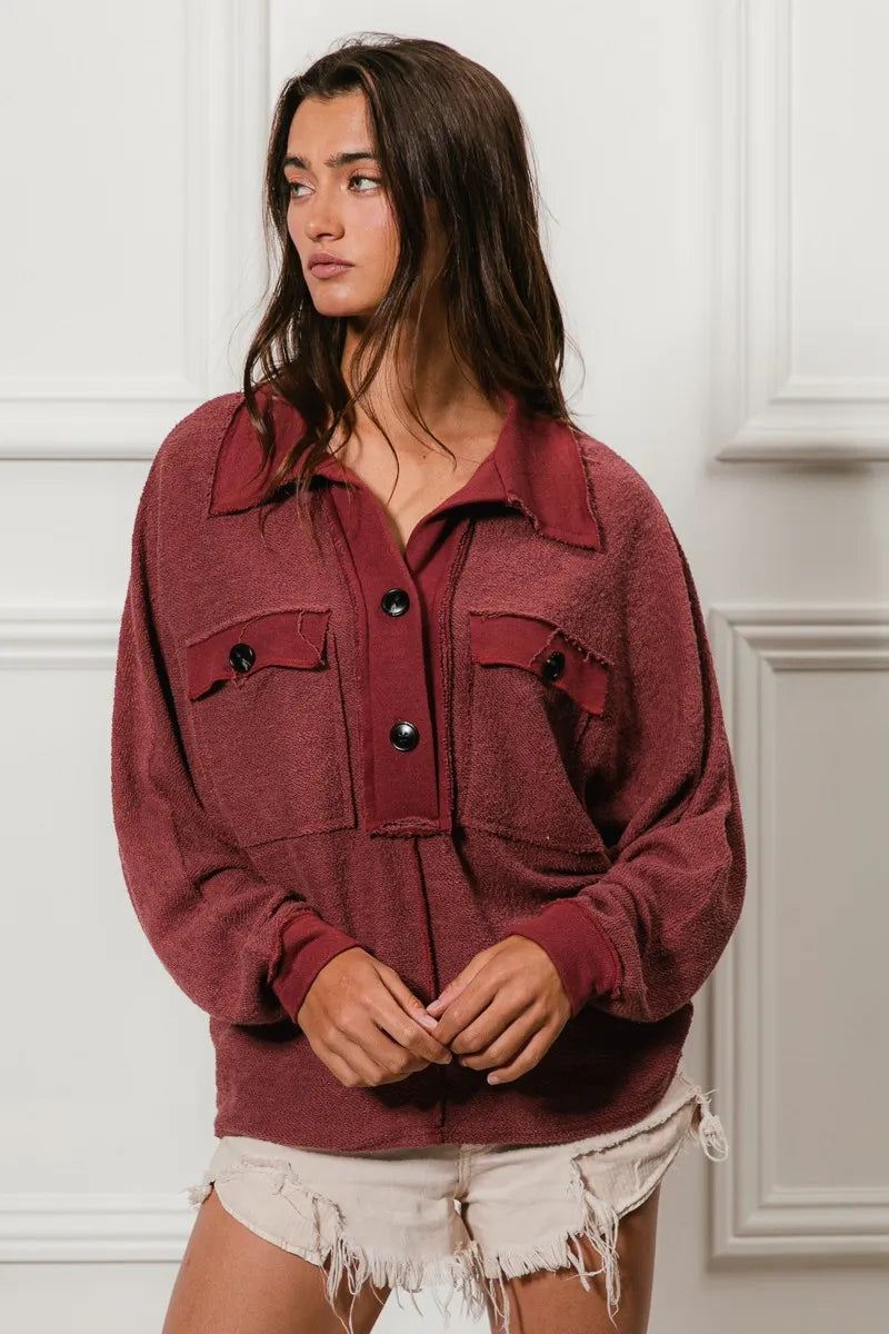 BiBi Cp French Terry Cut Edge Detail Collared Top OutfitFlow