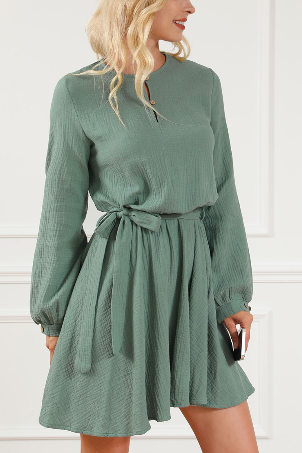 Outfit Flow - Round Neck Long Sleeve Tie Waist Dress